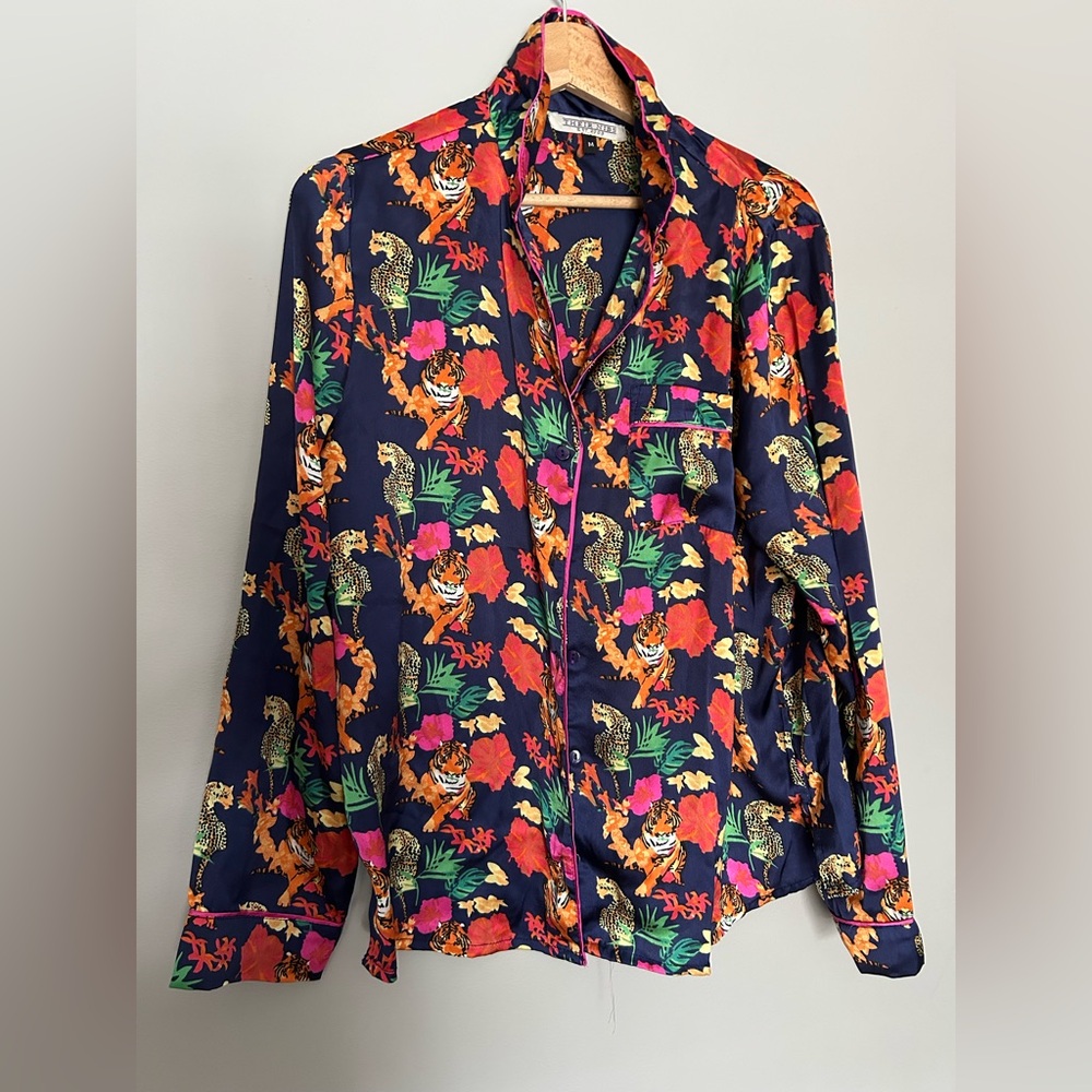 Navy Floral & Tiger Print Button-Down Shirt and pant set - worn twice size M